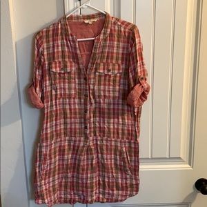 Entro linen tunic w/ POCKETS red creme and brown